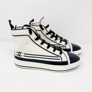 Chanel White CC Cap Toe Pearl Embellished High Top Sneakers